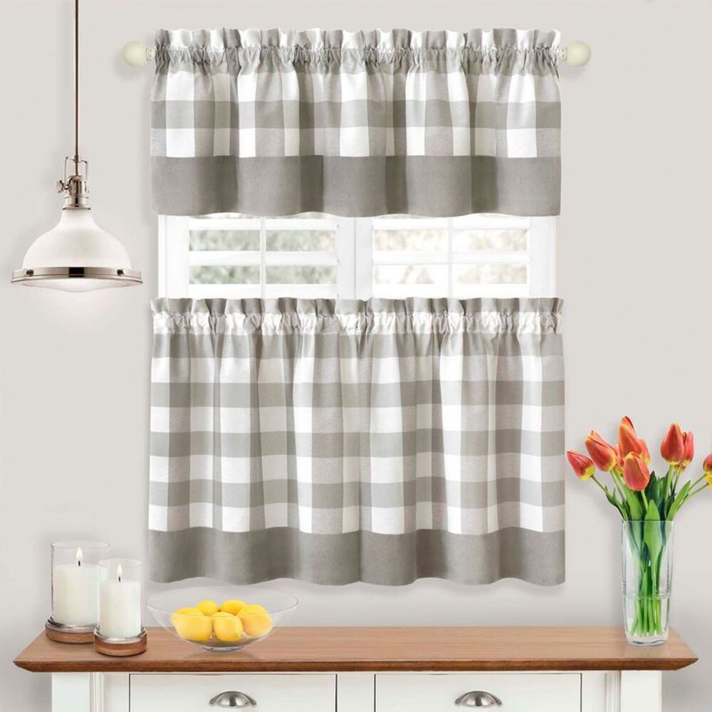 57 x 36 in. Hunter Rod Pocket Window Curtain Tier & Valance Set Grey